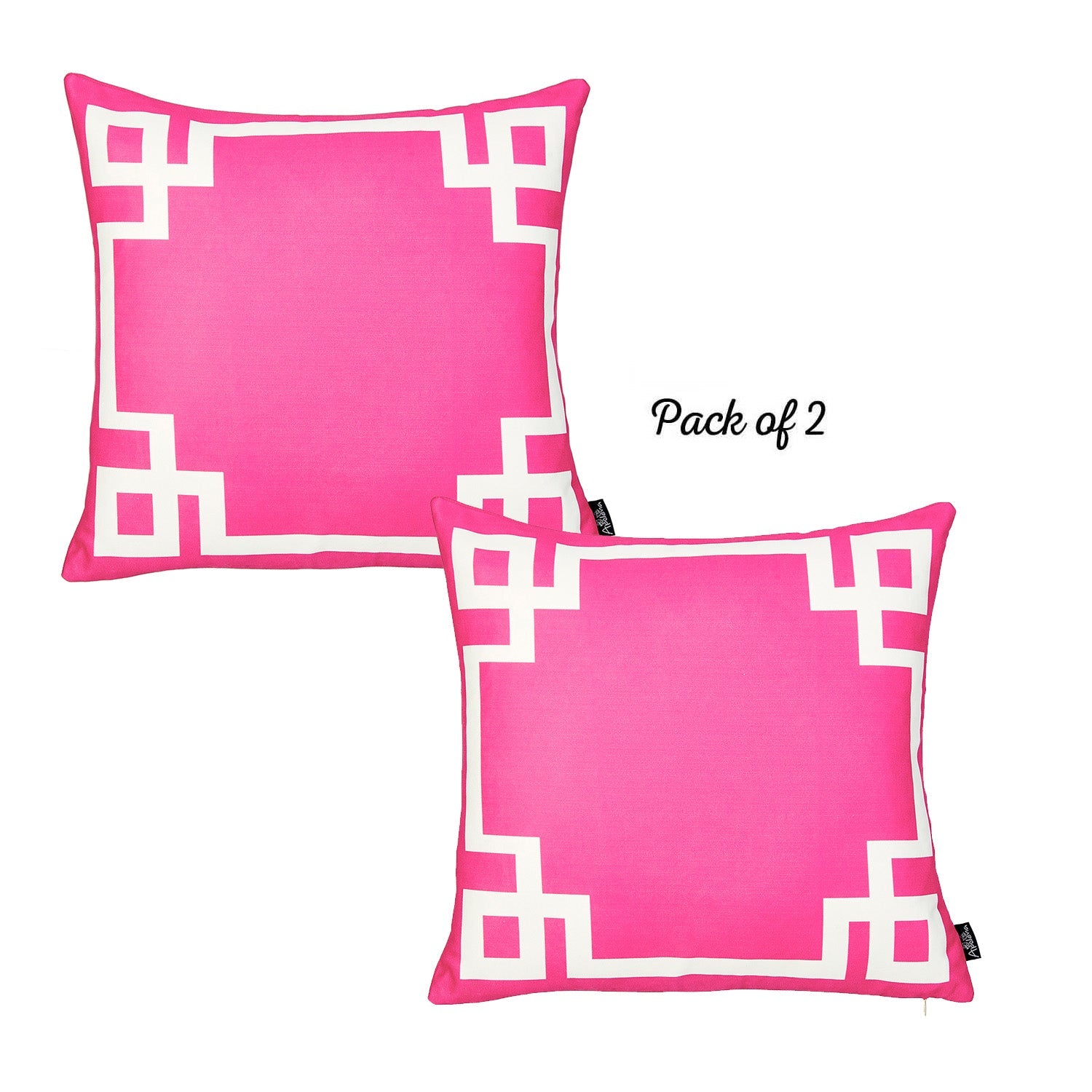 Adorning a brown sofa are two Geometric Pink&White Square 18" Throw Pillow Covers, each showcasing stylish geometric patterns. Paired with a green potted plant and a white bookshelf, these covers include convenient hidden zipper closures for effortless upkeep.