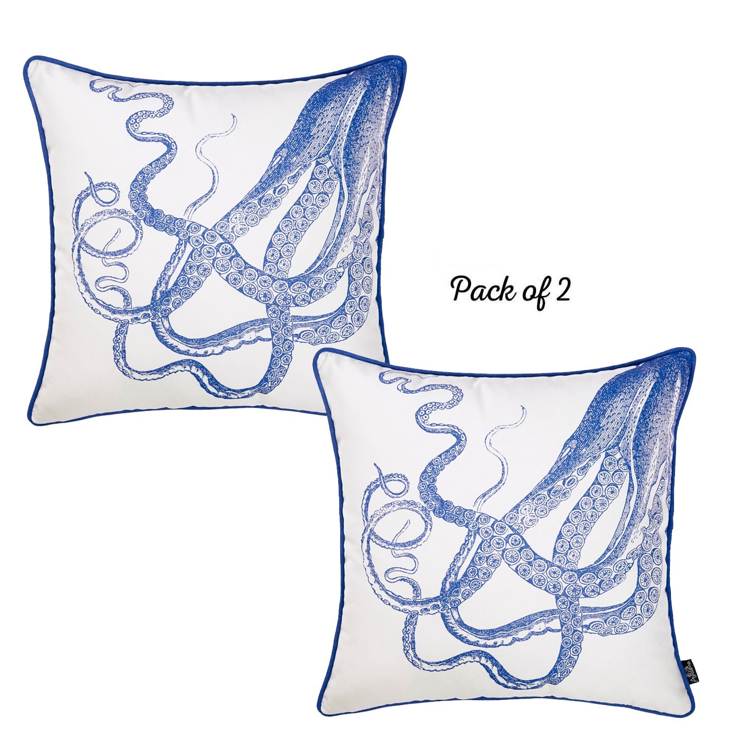 A set of two Nautica Octopus 18" square throw pillow covers, showcasing high-quality digital prints of blue octopus designs, rests on a yellow sofa. With their hidden zipper closures, these decorative covers perfectly complement the green indoor plant in the sunlit room.