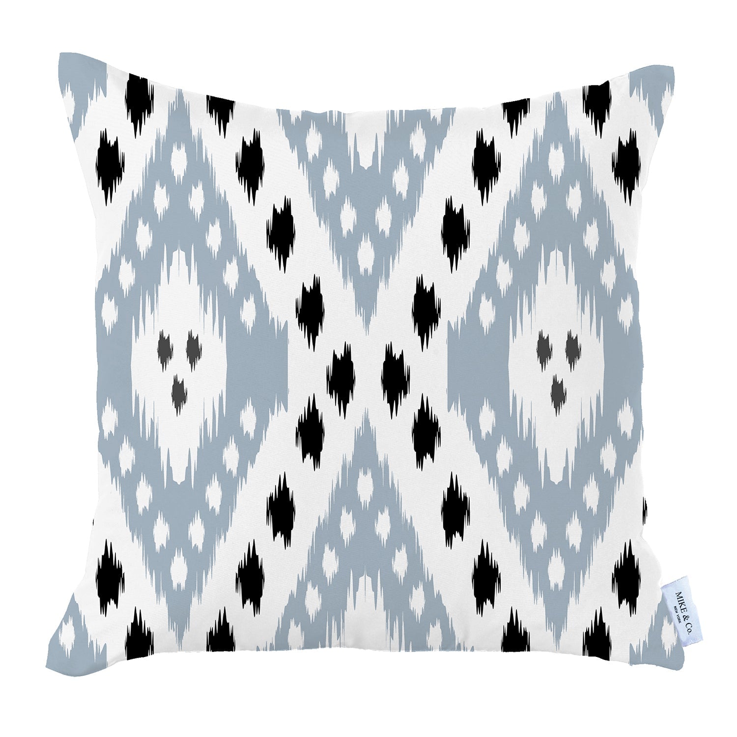 A pair of pillow covers from the Ikat Set of 2 Square 18’’x18’’ Boho Throw Pillow Covers, showcasing a blue and white ikat design with hidden zipper closures, are placed on a brown sofa. In the background, you can see a potted plant and a staircase.