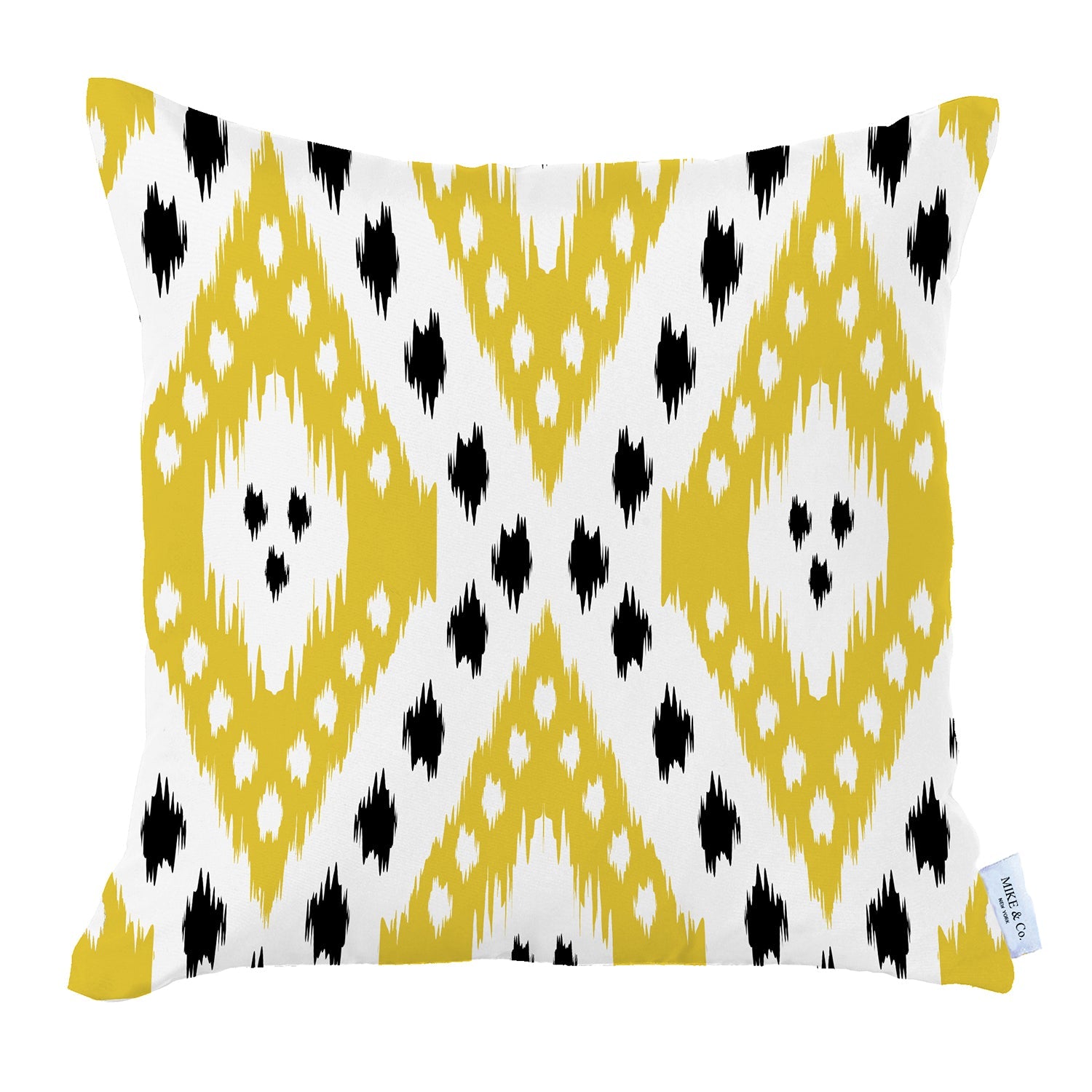 A pair of pillow covers from the Ikat Set of 2 Square 18’’x18’’ Boho Throw Pillow Covers, showcasing a blue and white ikat design with hidden zipper closures, are placed on a brown sofa. In the background, you can see a potted plant and a staircase.