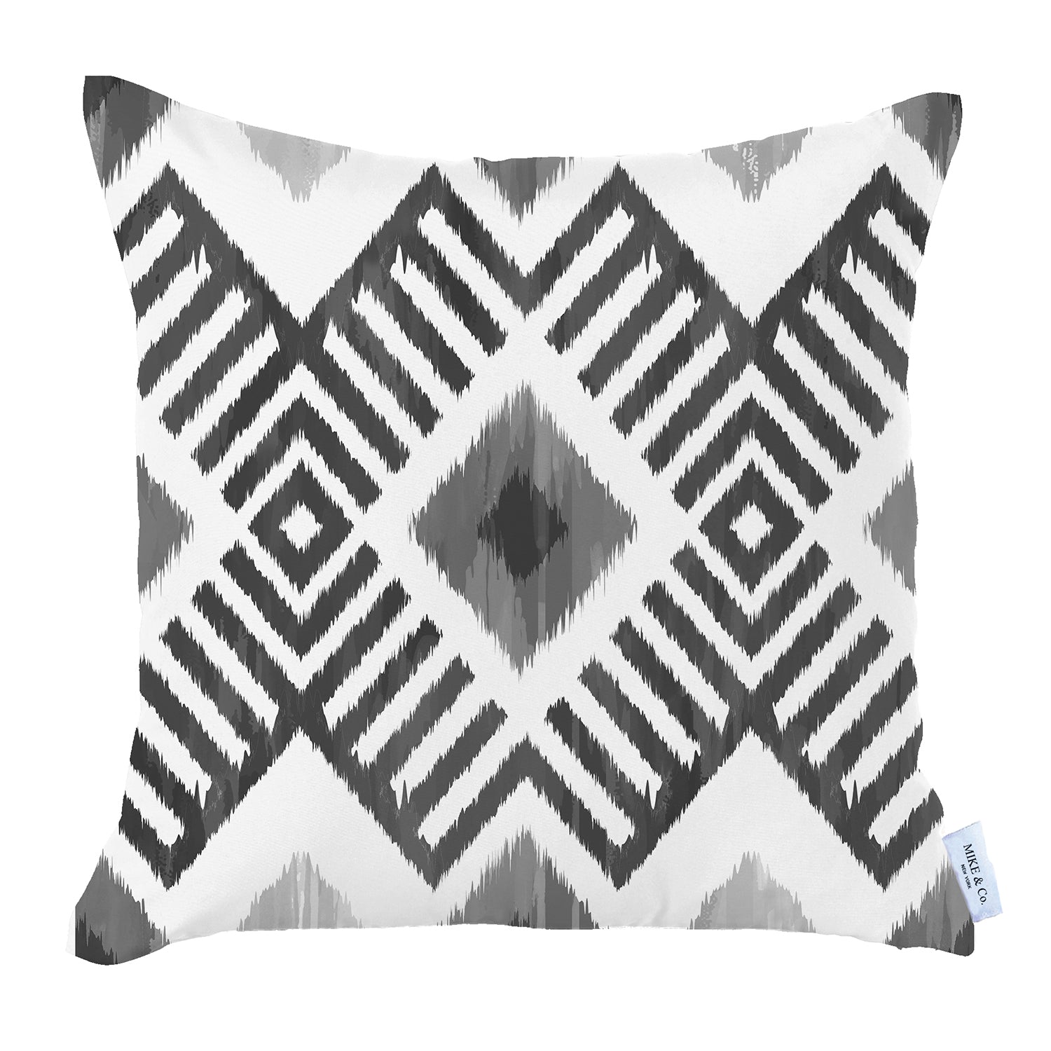 Two Ikat Set of 2 Square 18’’x18’’ Boho Throw Pillow Covers with geometric designs adorn a brown sofa, featuring hidden zipper closures. A vibrant green plant creates a serene backdrop, adding a touch of nature to the setting.