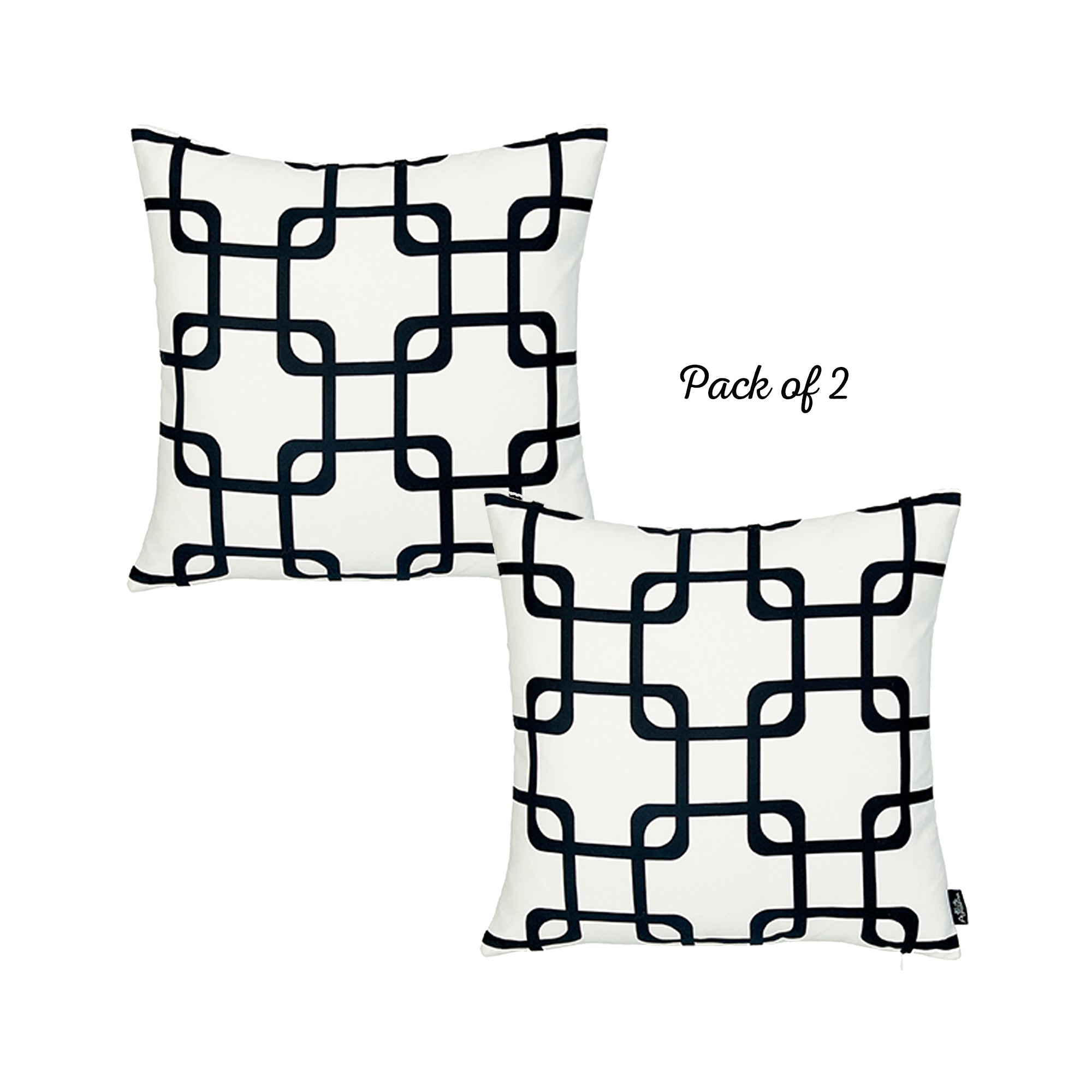 Two Geometric Black Squares 18" throw pillow covers rest on a dark brown couch in a living room setting, offering the convenience of hidden zipper closures for easy maintenance.