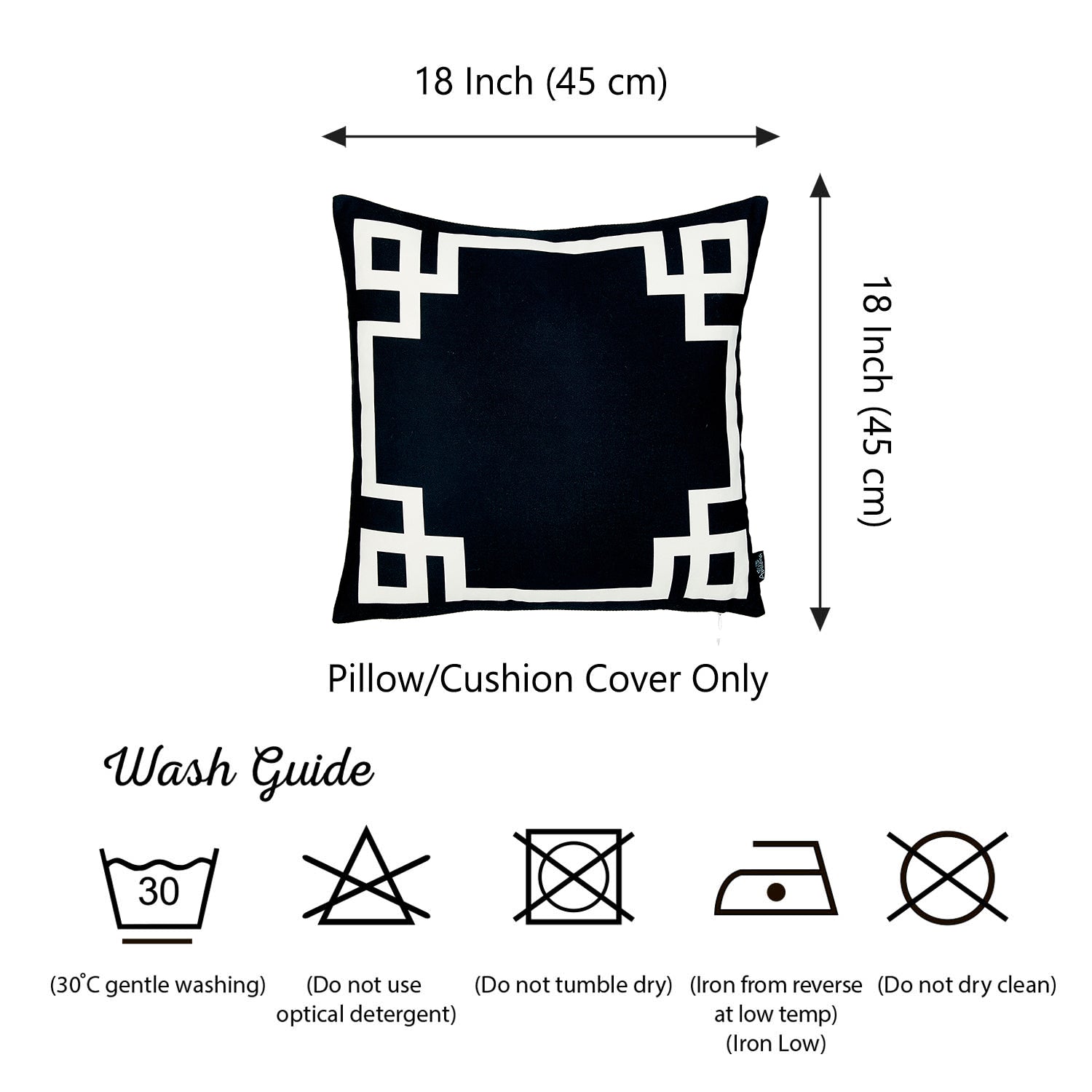 A brown sofa with Geometric Black&White Square Decorative Throw Pillow Covers (Set of 2) sits beside a plant. These pillow covers are designed with hidden zipper closures for easy maintenance. In the background, a white shelf displays a collection of books.