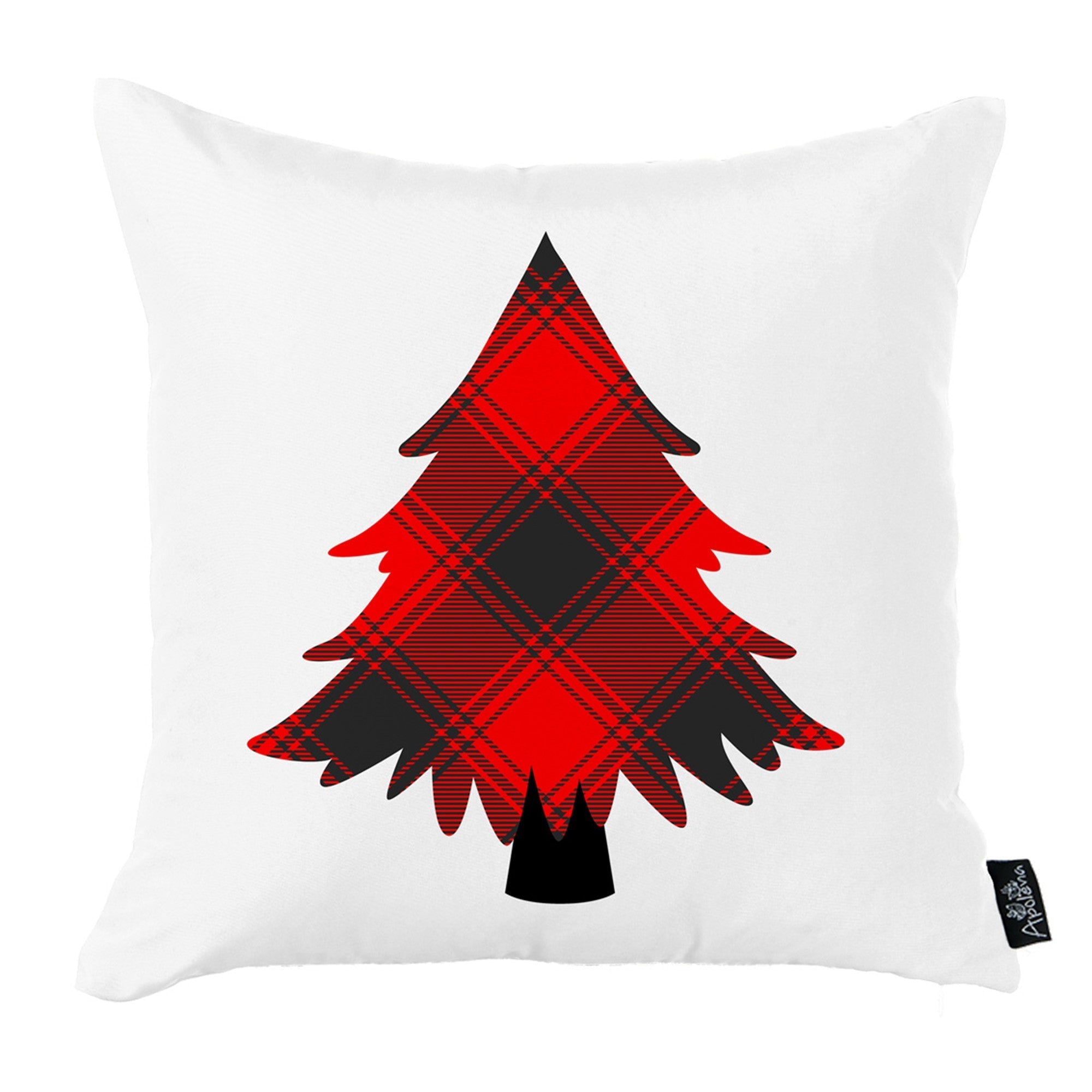 A sofa adorned with the Christmas Themed Decorative Throw Pillow Set of 4 in square 18" x 18" white and red designs, showcasing Christmas trees and reindeer, sits beside a beautifully decorated Christmas tree, complemented by a basket filled with more home décor pillows.