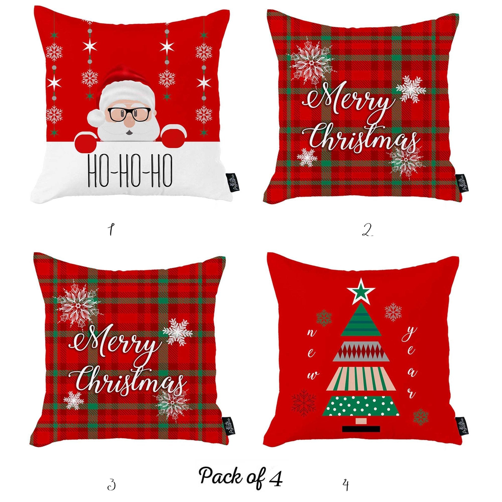 A set of four charming Christmas-themed decorative throw pillows, each measuring 18" x 18" in white and red, adorns the sofa alongside a festive Christmas tree and a wicker basket with an additional pillow. These pillows enhance the holiday decor while meeting the safety and quality standards of OEKO-TEX Standard 100.