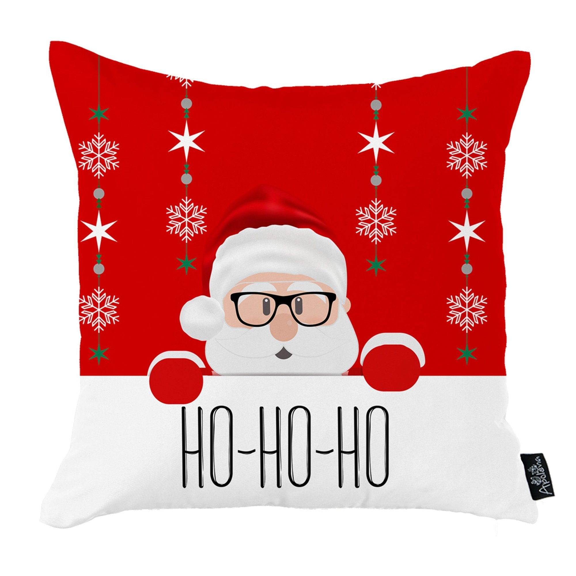 A set of four charming Christmas-themed decorative throw pillows, each measuring 18" x 18" in white and red, adorns the sofa alongside a festive Christmas tree and a wicker basket with an additional pillow. These pillows enhance the holiday decor while meeting the safety and quality standards of OEKO-TEX Standard 100.