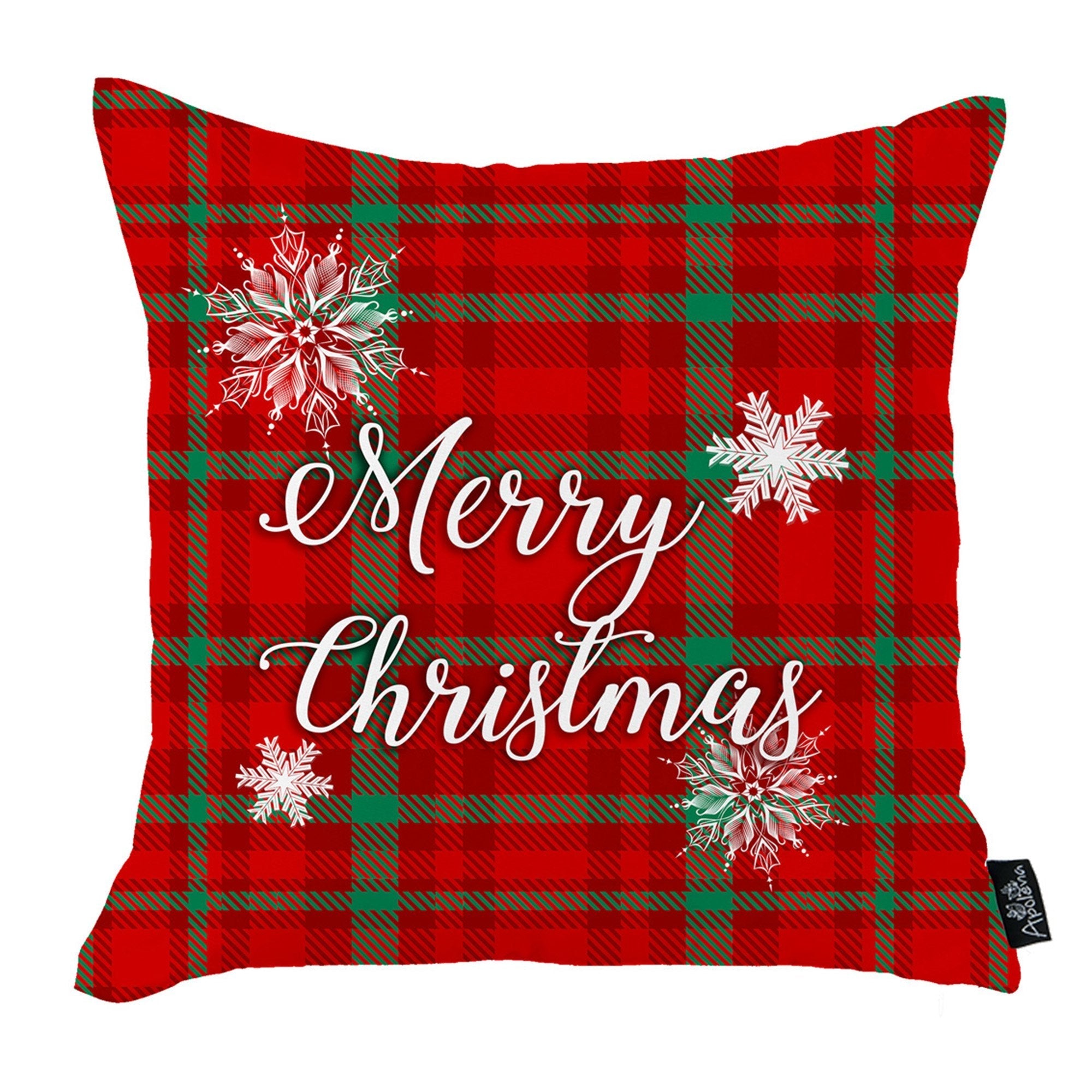 A set of four charming Christmas-themed decorative throw pillows, each measuring 18" x 18" in white and red, adorns the sofa alongside a festive Christmas tree and a wicker basket with an additional pillow. These pillows enhance the holiday decor while meeting the safety and quality standards of OEKO-TEX Standard 100.