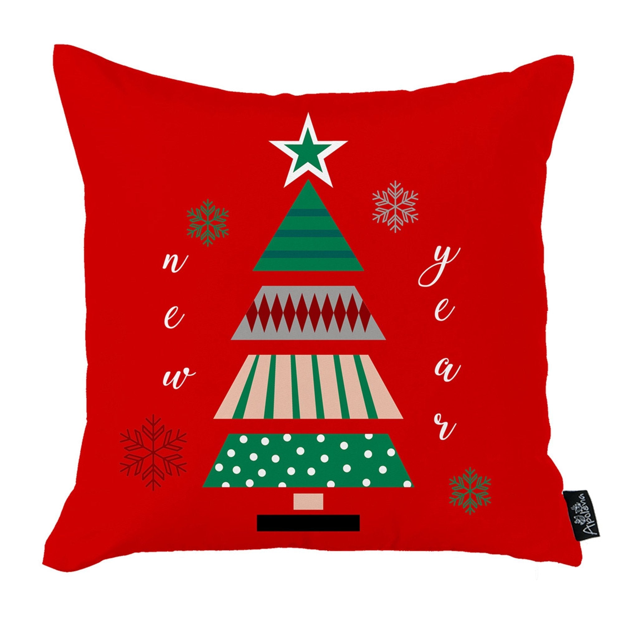 A set of four charming Christmas-themed decorative throw pillows, each measuring 18" x 18" in white and red, adorns the sofa alongside a festive Christmas tree and a wicker basket with an additional pillow. These pillows enhance the holiday decor while meeting the safety and quality standards of OEKO-TEX Standard 100.