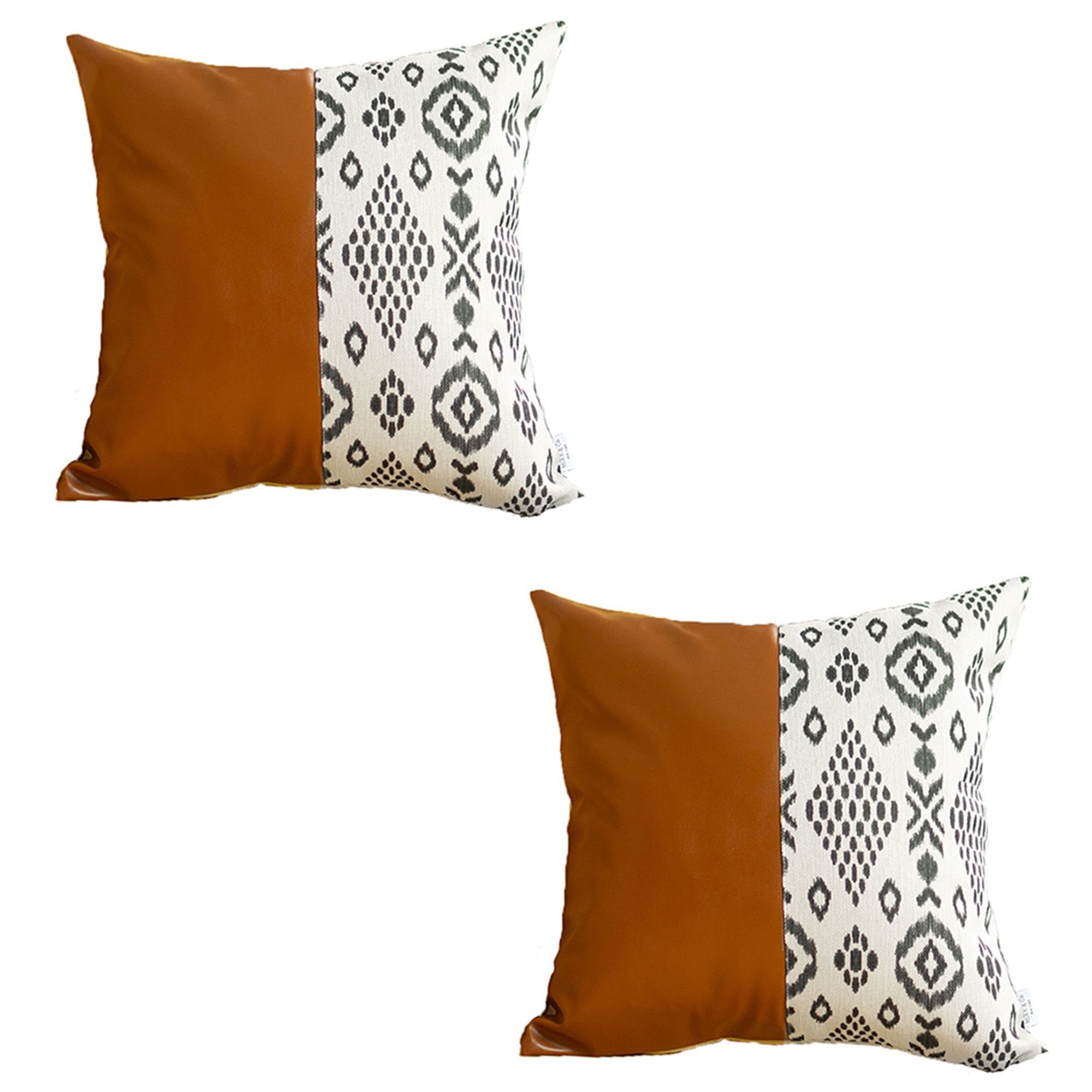 A Boho set of 2 handcrafted decorative throw pillow covers made of vegan faux leather with geometric squares complements a yellow sofa in a sunlit room, enhanced by a striped white blanket and a vibrant potted plant.