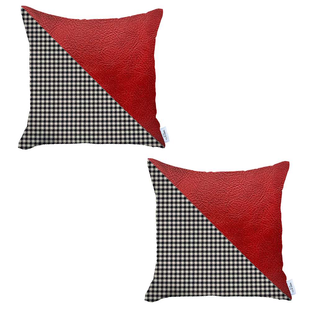 Two boho-chic 18" x 18" square throw pillow covers, handcrafted from vegan faux leather and featuring houndstooth patterns, adorn a brown couch. In the backdrop, a wooden ladder shelf holding a book enhances the cozy atmosphere with its harmonious blend of textures and eclectic design sensibilities.