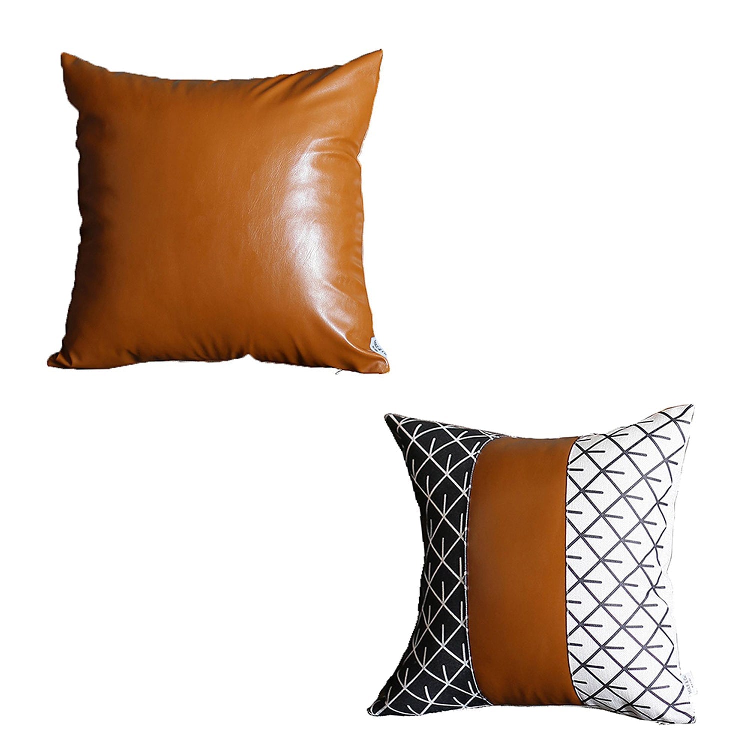 A brown couch decorated with a Bohemian Mixed Set of 2 Vegan Faux Leather Brown Geometric Throw Pillow Covers, enhanced by a knitted blanket and a plant in the background.