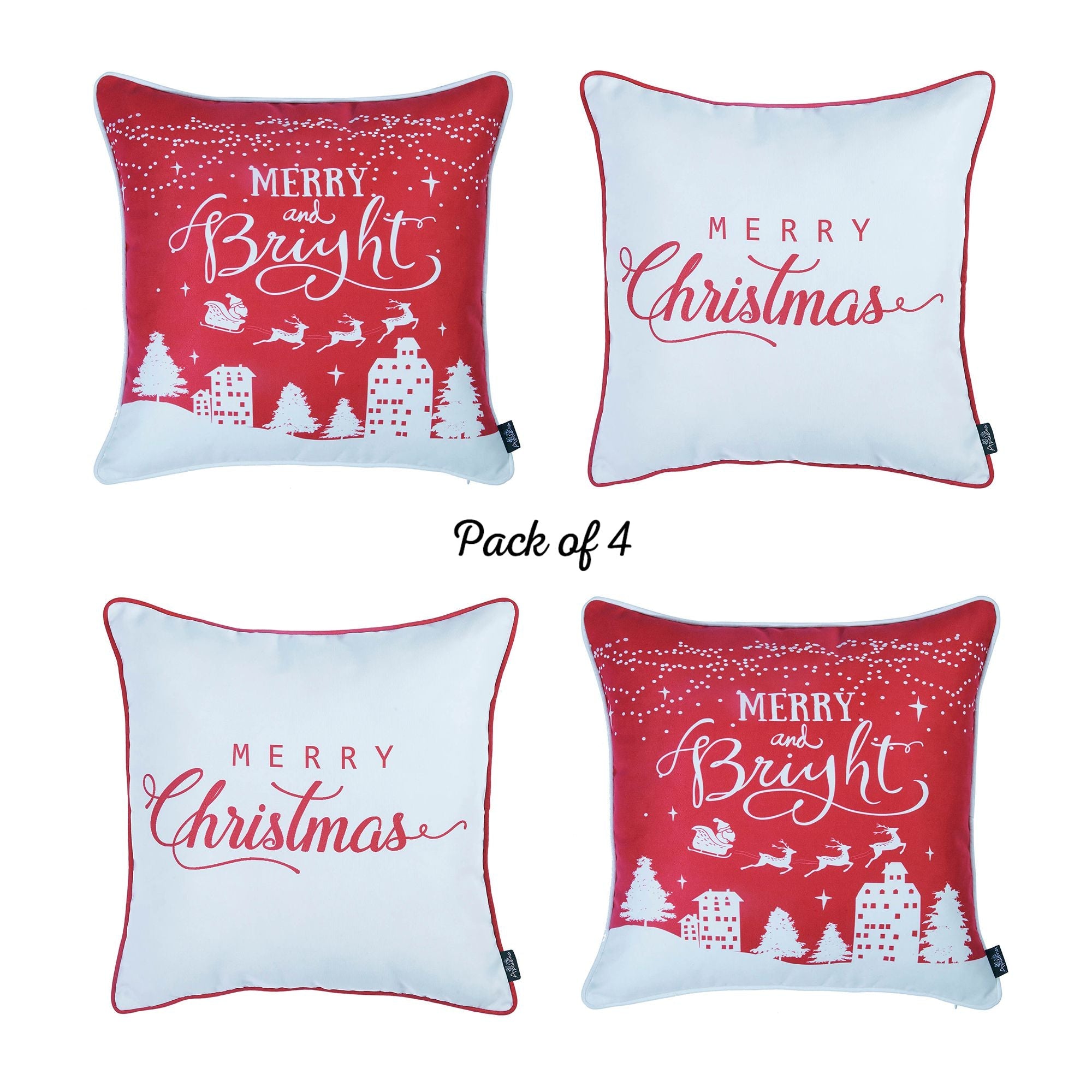 Arranged on a brown sofa near a Christmas tree are four Decorative Merry Christmas Throw Pillow Covers, each measuring 18" x 18", in white and red. These pillow covers boast luxurious brushed fabric with "Merry Christmas" and "Merry and Bright" text, featuring OEKO-TEX Standard 100 certified materials.