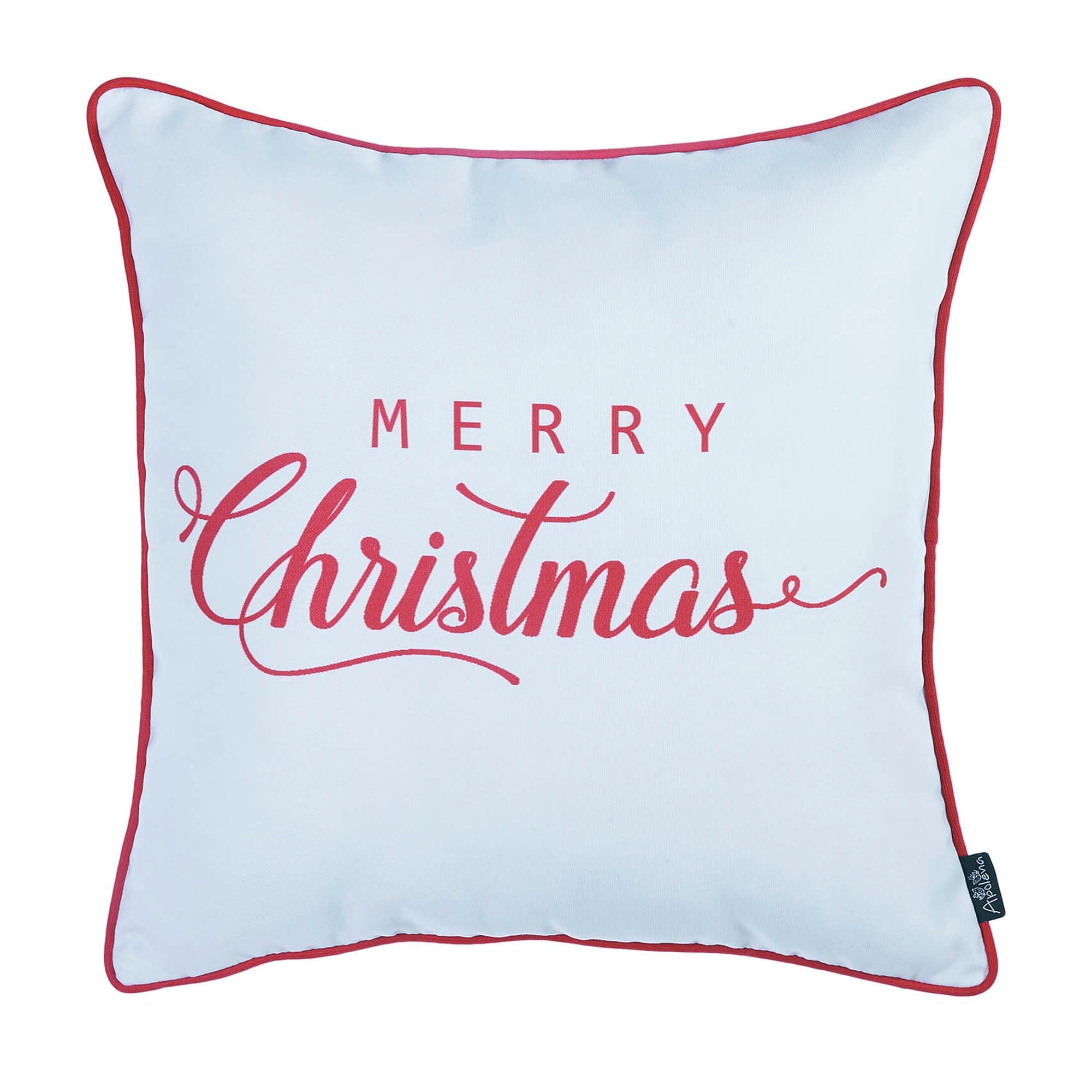 Arranged on a brown sofa near a Christmas tree are four Decorative Merry Christmas Throw Pillow Covers, each measuring 18" x 18", in white and red. These pillow covers boast luxurious brushed fabric with "Merry Christmas" and "Merry and Bright" text, featuring OEKO-TEX Standard 100 certified materials.