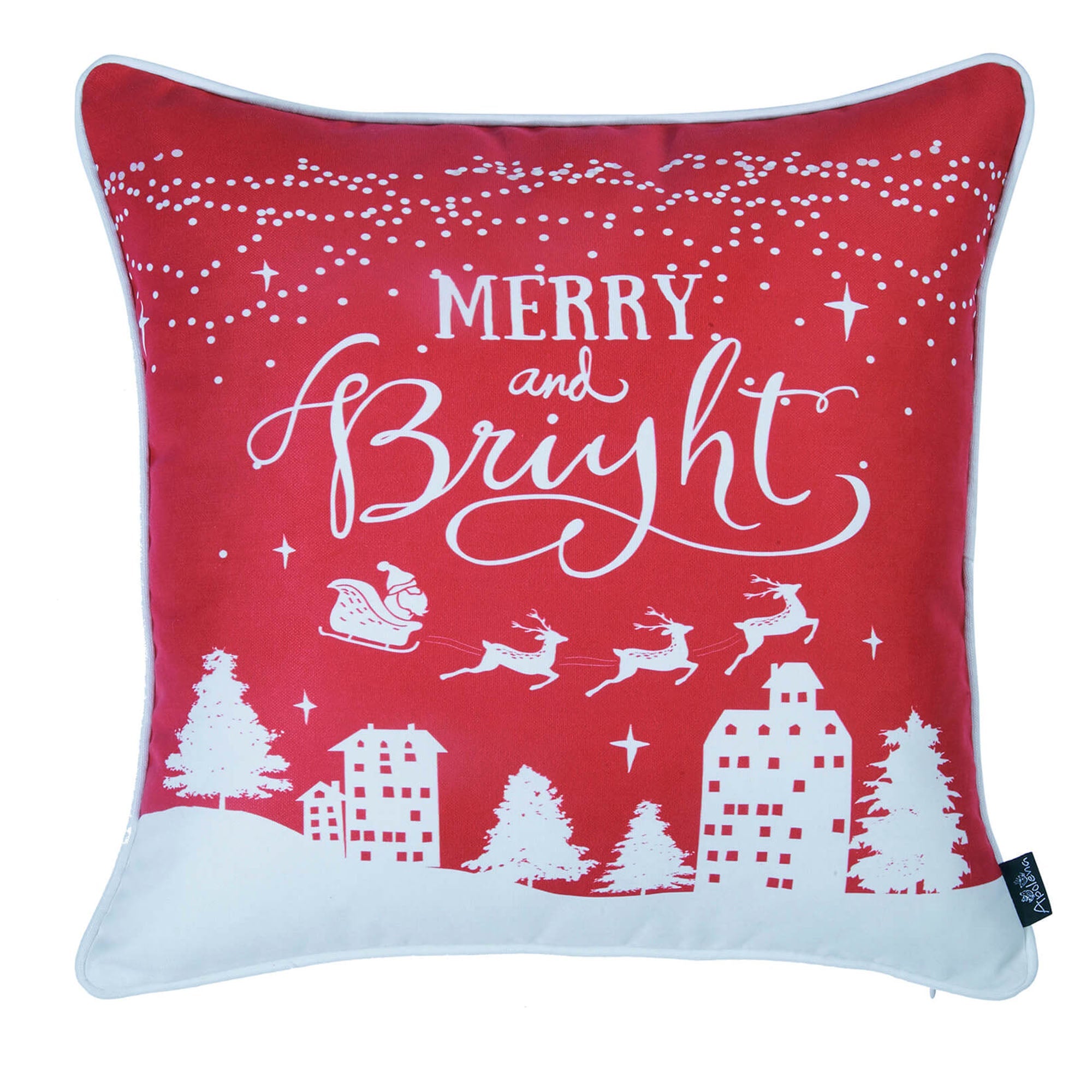 Arranged on a brown sofa near a Christmas tree are four Decorative Merry Christmas Throw Pillow Covers, each measuring 18" x 18", in white and red. These pillow covers boast luxurious brushed fabric with "Merry Christmas" and "Merry and Bright" text, featuring OEKO-TEX Standard 100 certified materials.