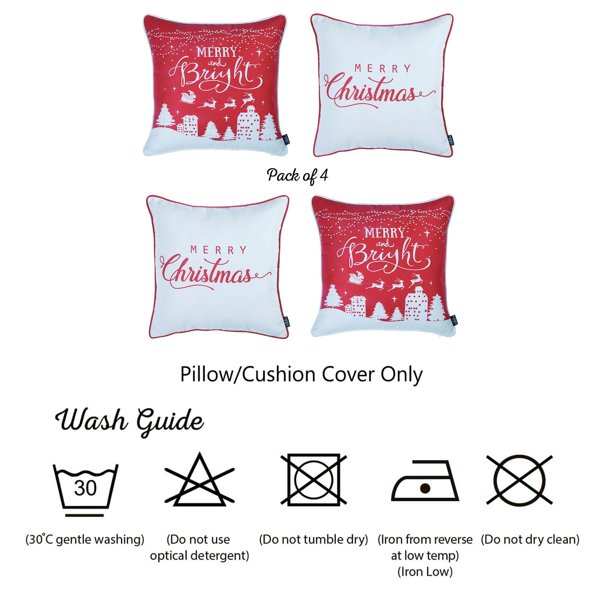 Arranged on a brown sofa near a Christmas tree are four Decorative Merry Christmas Throw Pillow Covers, each measuring 18" x 18", in white and red. These pillow covers boast luxurious brushed fabric with "Merry Christmas" and "Merry and Bright" text, featuring OEKO-TEX Standard 100 certified materials.