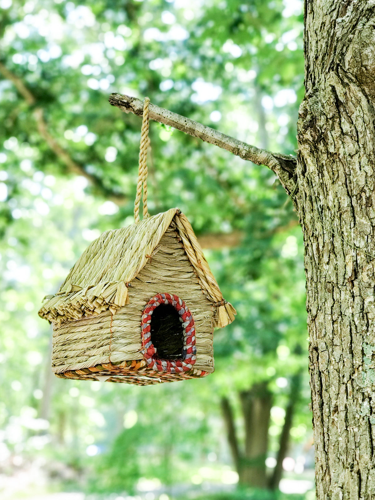 The Seagrass & Sari Birdhouse - Cabin, expertly handcrafted by Fair Trade artisans, features a red-trimmed entrance and a looped rope handle on top, all made from natural materials.