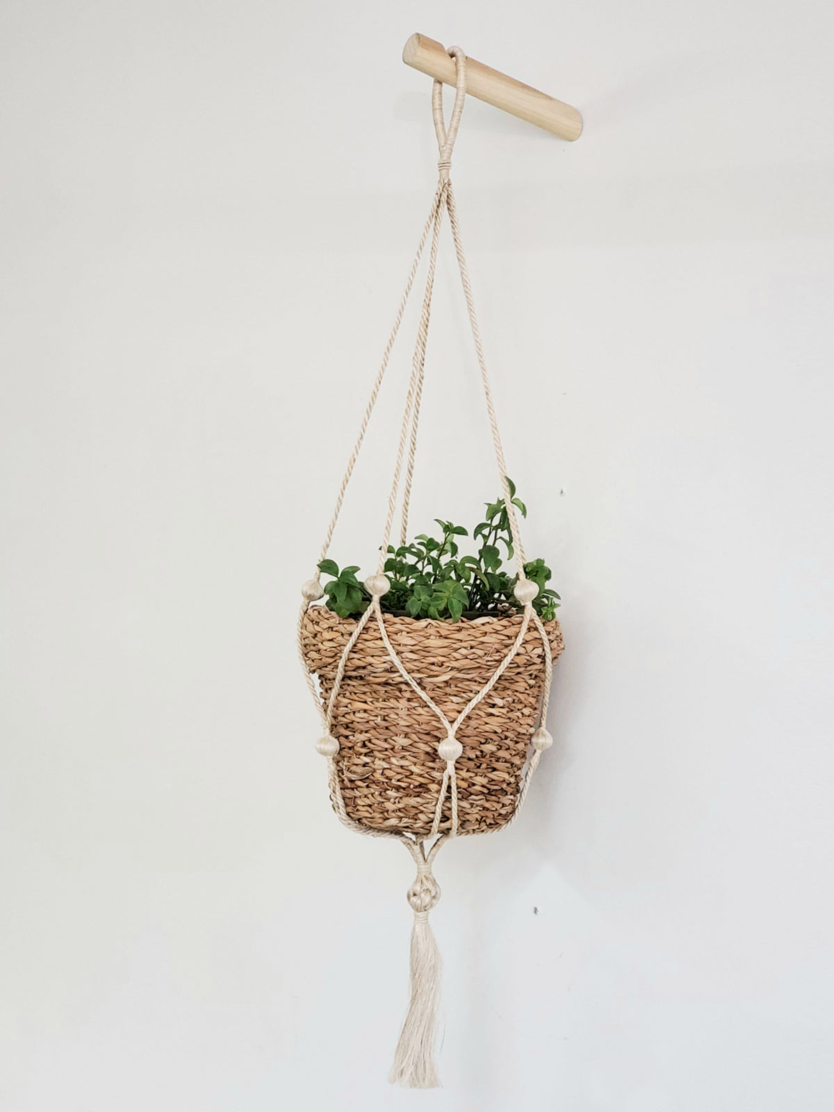 Three Savar Nesting Plant Baskets, crafted by Fair Trade artisans, feature white stripe accents. Two are stacked upright while one lies sideways on a plain background, showcasing their sustainable beauty.