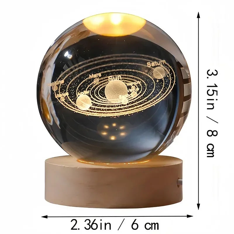 The 60cm 3D Crystal Ball Glass Ball Warm Night Light sits elegantly on a wooden base, showcasing a stunning solar system galaxy model. Nearby, an astronaut figurine adds to the scene's charm in a softly lit room. Experience quick delivery and safe transactions for this extraordinary astronomy-inspired home decoration.