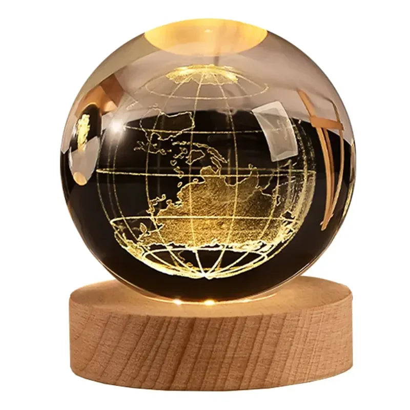 Displaying a brand new solar system design, two 60cm 3D Crystal Ball Glass Balls with warm night lights sit atop wooden bases, accompanied by a small astronaut figure.