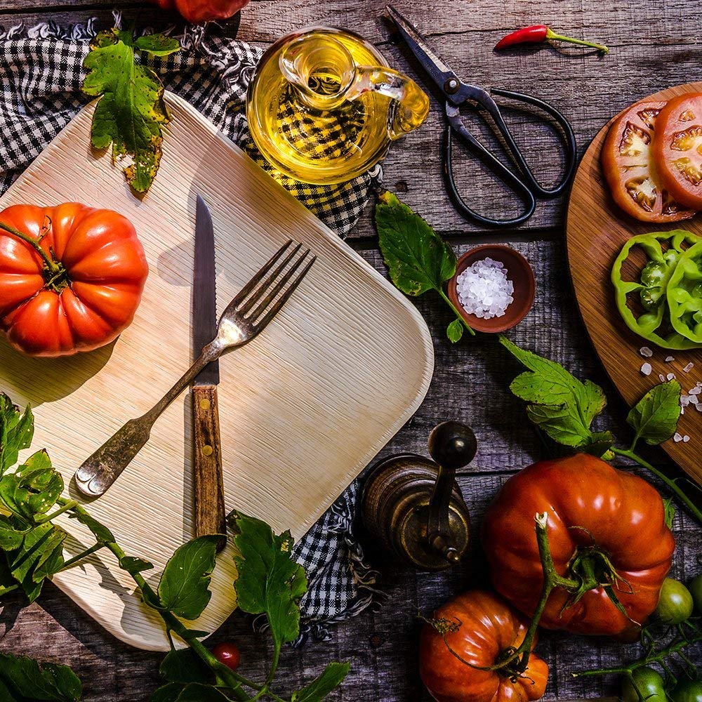 A collection of Palm Leaf Square Plates 9" Inch (Set of 100/50/25), resembling eco-dinnerware, is displayed alongside a solitary plate against a simple background.