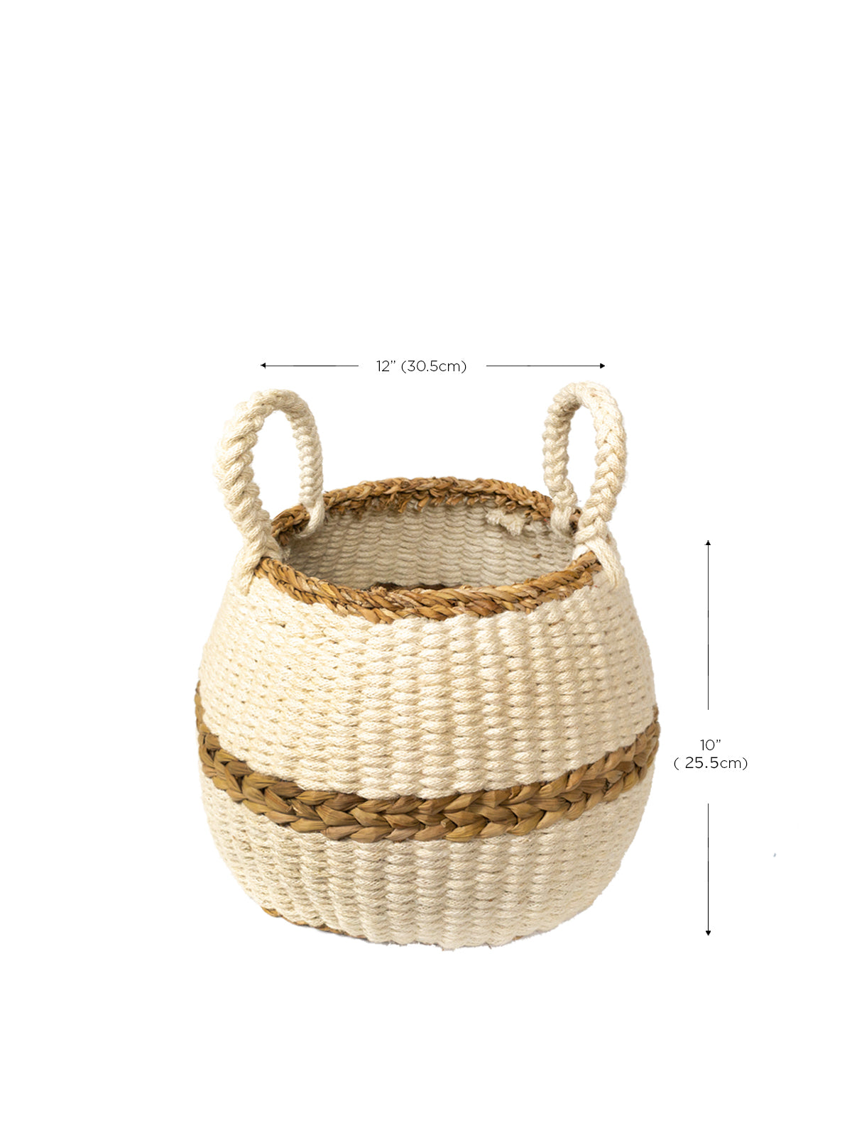 The Ula Blanco Basket is a handwoven piece with two handles, showcasing a natural color and a brown accent stripe around the middle, crafted by sustainable artisans using ethically sourced materials.