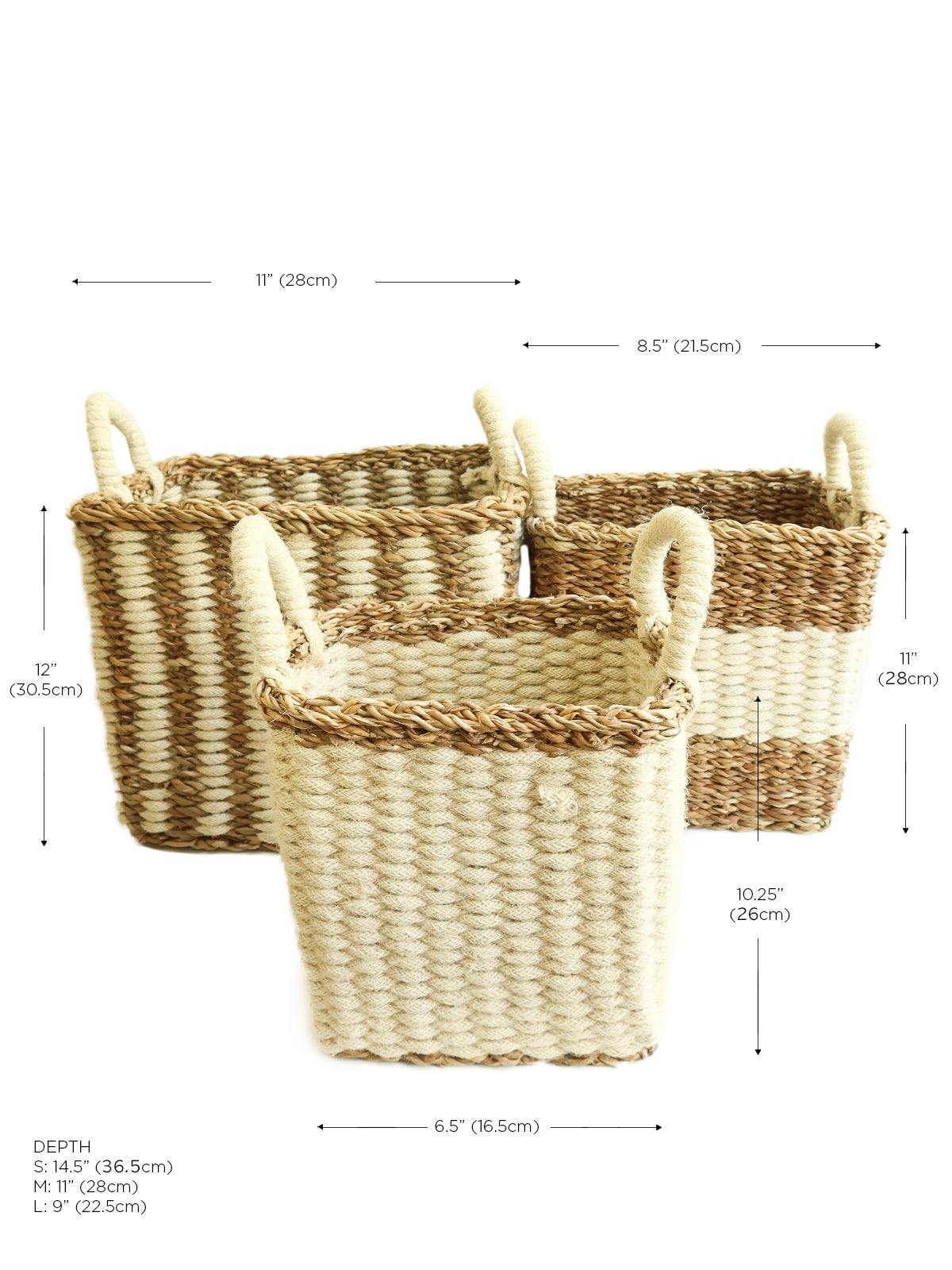 The Ula Storage Baskets, a set of three handmade options with handles in different sizes, are arranged in a row against a plain background. Made from jute wool, these Fair Trade baskets highlight artisanal craftsmanship and sustainable design.