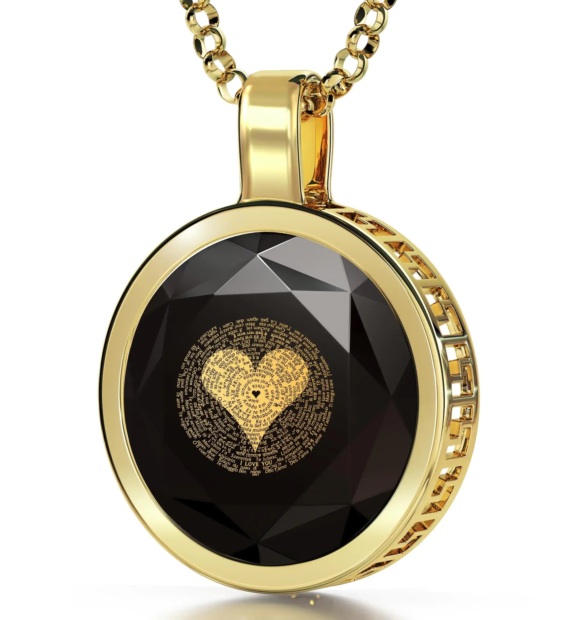 A close-up of a Gold Plated Silver I Love You Necklace with inscriptions forming a heart shape at the center, perfect as an anniversary gift.