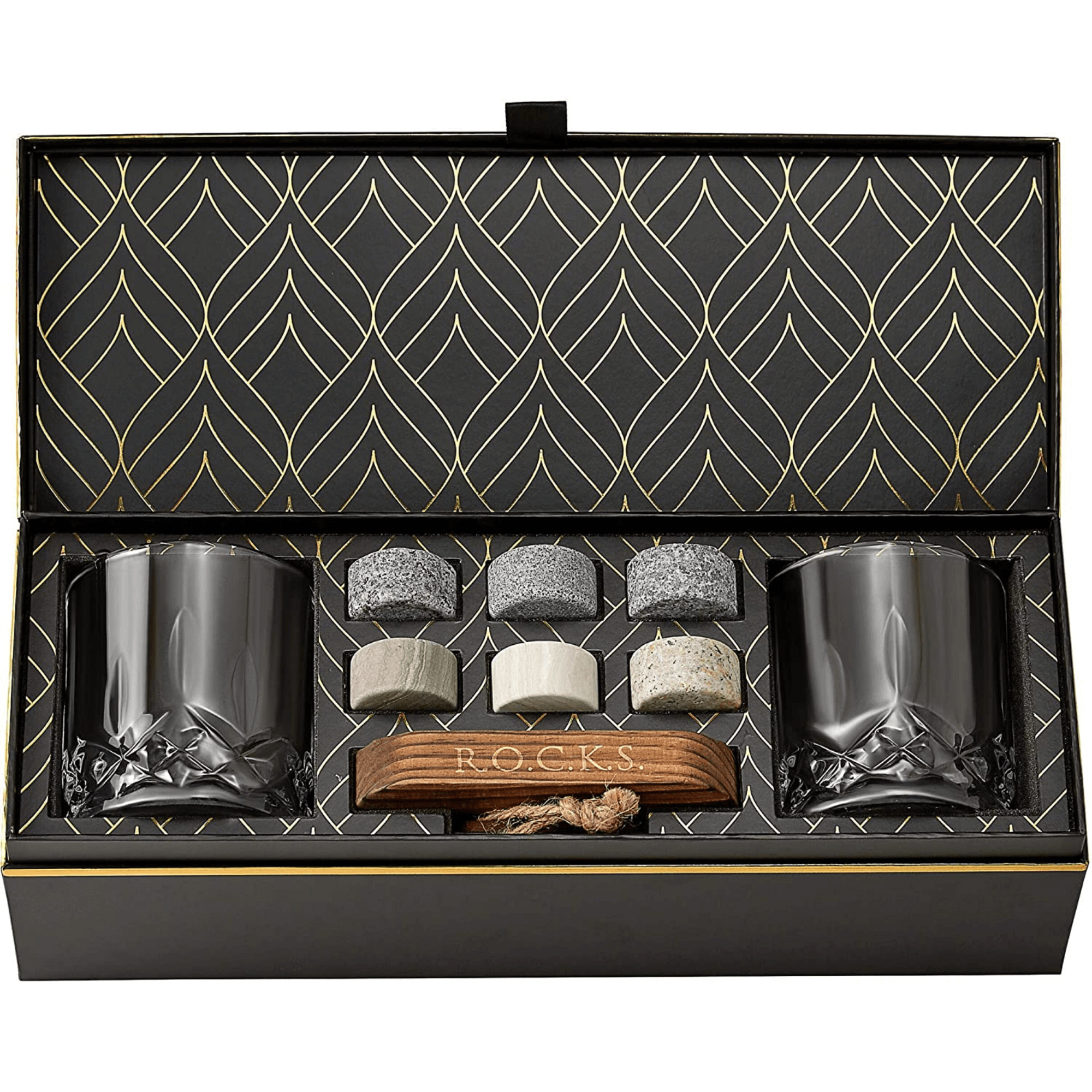 An Apricot Pontus black gift box with a Whiskey Chilling Stones Gift Set With 2 Signature Crystal Glasses and a candle holder.