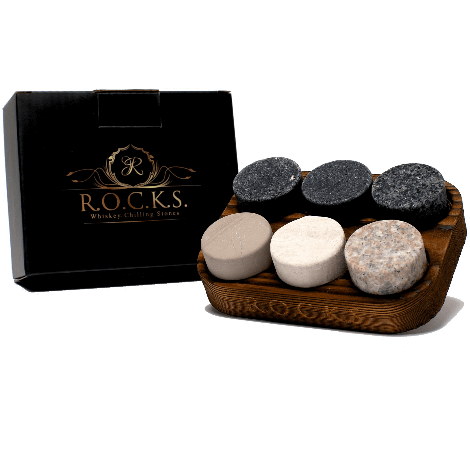 A set of The Original ROCKS Whiskey Chilling Stones - Set of 6 Granite Stones in a wooden box by Apricot Pontus.