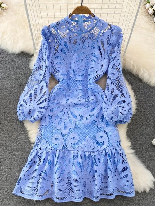 Vintage Hollow Out Lace Floral Embroidery Dress For Women Spring Stand