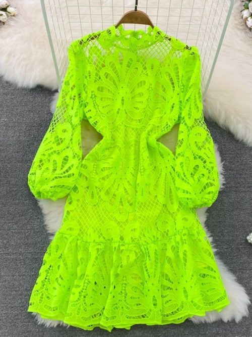 Vintage Hollow Out Lace Floral Embroidery Dress For Women Spring Stand