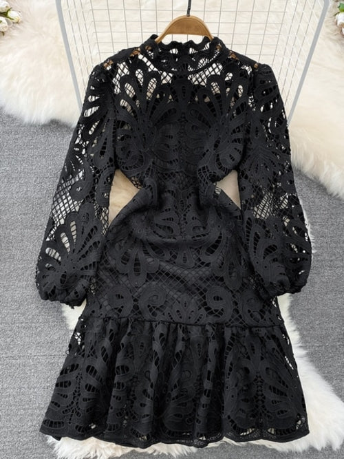 Vintage Hollow Out Lace Floral Embroidery Dress For Women Spring Stand