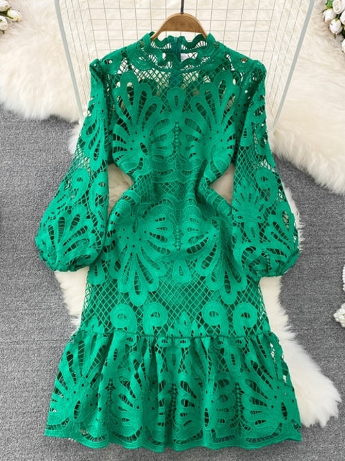 Vintage Hollow Out Lace Floral Embroidery Dress For Women Spring Stand