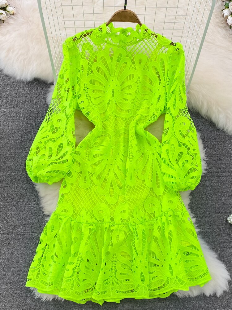 Vintage Hollow Out Lace Floral Embroidery Dress For Women Spring Stand