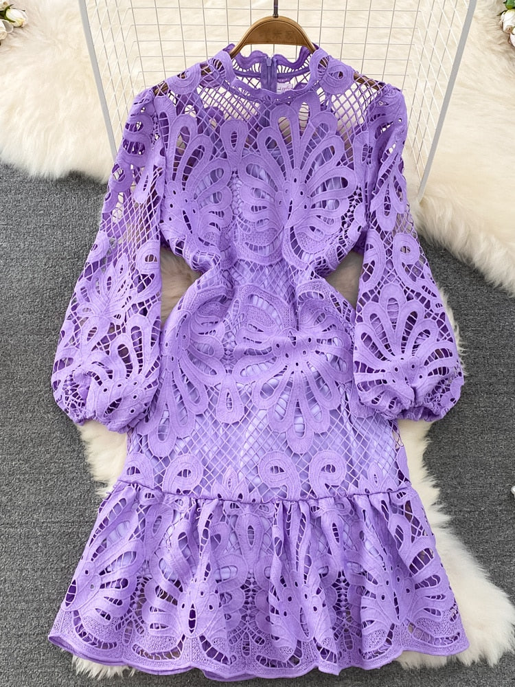 Vintage Hollow Out Lace Floral Embroidery Dress For Women Spring Stand