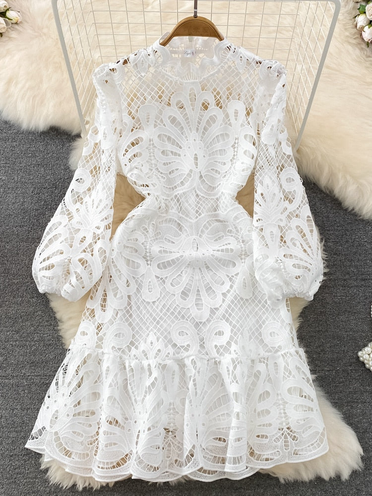 Vintage Hollow Out Lace Floral Embroidery Dress For Women Spring Stand