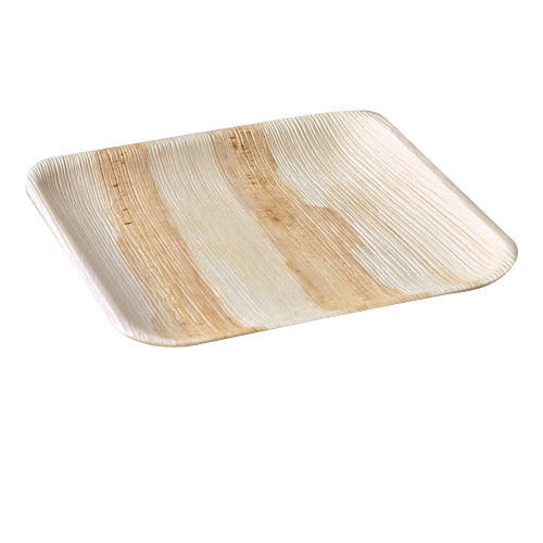 A collection of Palm Leaf Square Plates 9" Inch (Set of 100/50/25), resembling eco-dinnerware, is displayed alongside a solitary plate against a simple background.