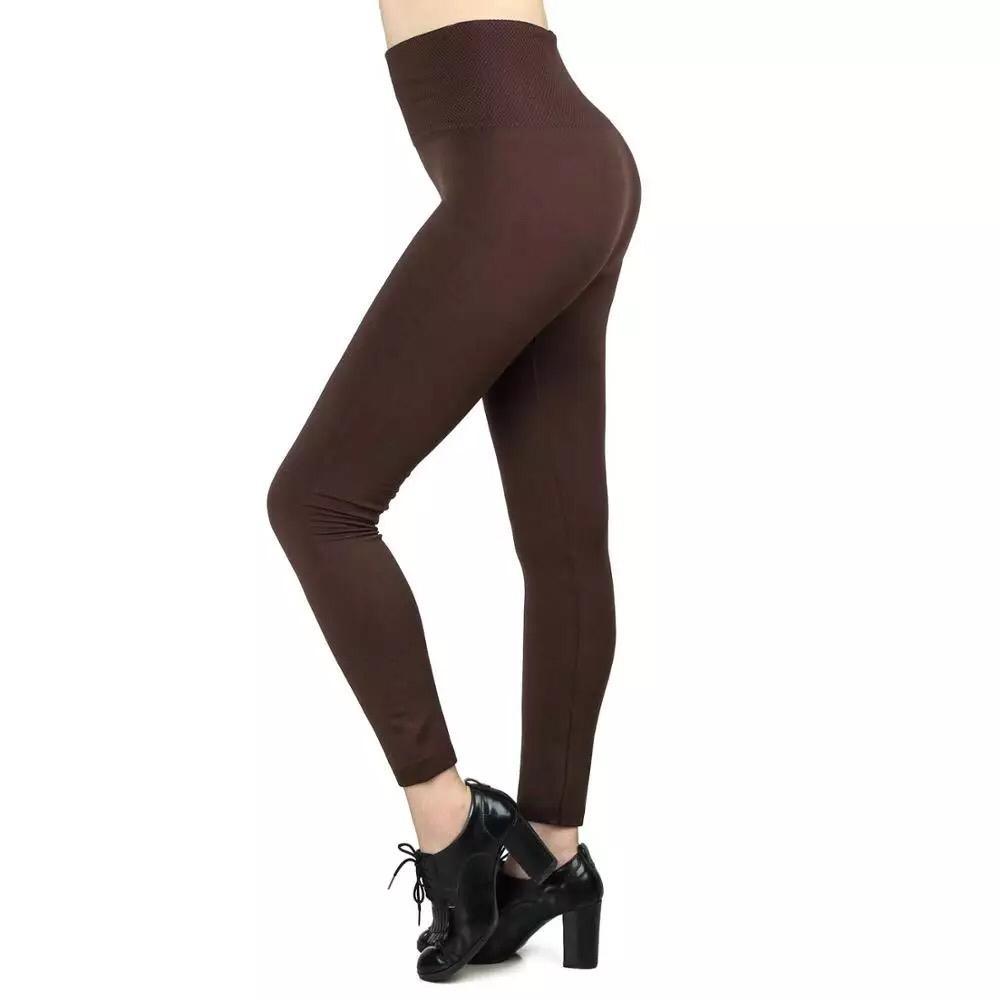 Two women wearing the 2 Pack Women’s Fleece Lined Leggings High Waist Stretchy Warm, one in black featuring a flaming design on the knee and the other in maroon. Both are shown from mid-thigh to feet, highlighting their stylish winter leggings that are perfect for cold days.