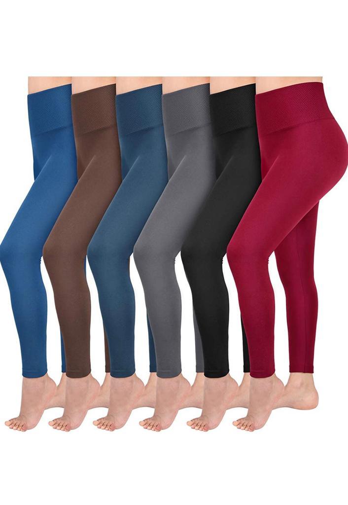 Two women wearing the 2 Pack Women’s Fleece Lined Leggings High Waist Stretchy Warm, one in black featuring a flaming design on the knee and the other in maroon. Both are shown from mid-thigh to feet, highlighting their stylish winter leggings that are perfect for cold days.