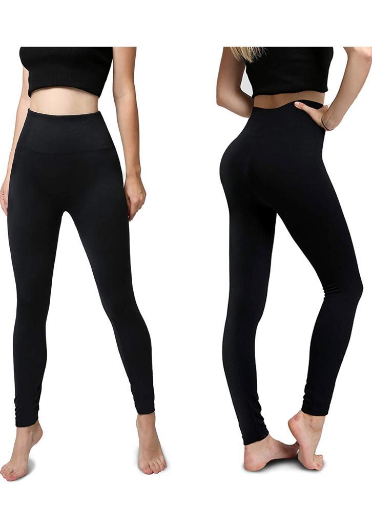 Two women wearing the 2 Pack Women’s Fleece Lined Leggings High Waist Stretchy Warm, one in black featuring a flaming design on the knee and the other in maroon. Both are shown from mid-thigh to feet, highlighting their stylish winter leggings that are perfect for cold days.