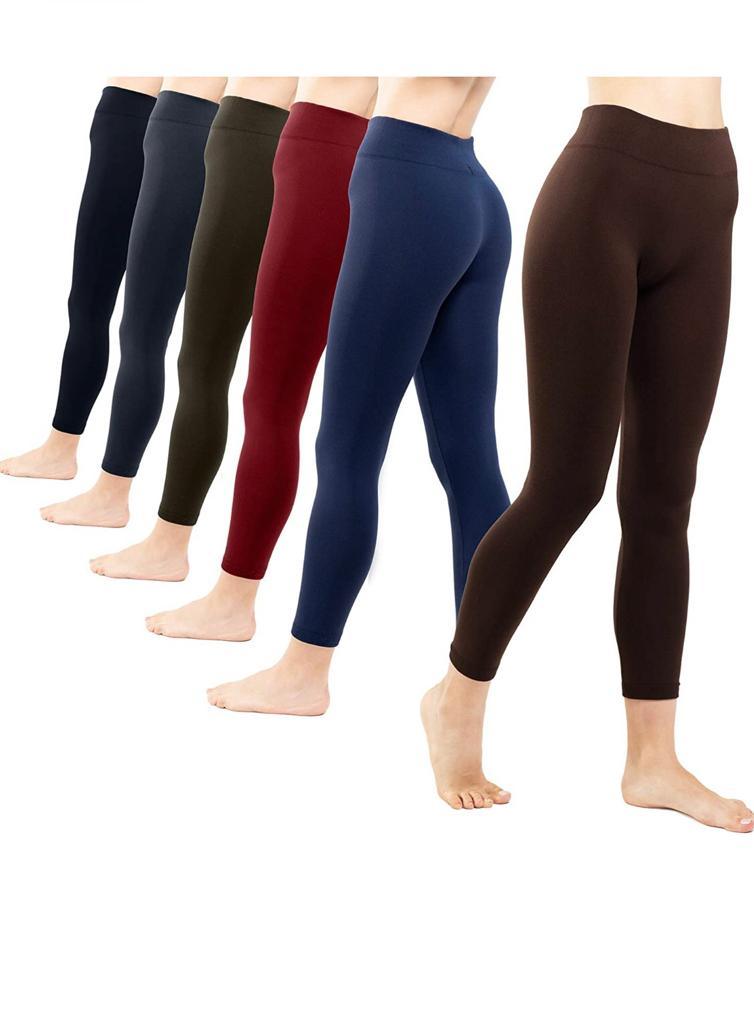 Two women wearing the 2 Pack Women’s Fleece Lined Leggings High Waist Stretchy Warm, one in black featuring a flaming design on the knee and the other in maroon. Both are shown from mid-thigh to feet, highlighting their stylish winter leggings that are perfect for cold days.