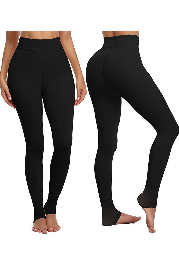 Two women wearing the 2 Pack Women’s Fleece Lined Leggings High Waist Stretchy Warm, one in black featuring a flaming design on the knee and the other in maroon. Both are shown from mid-thigh to feet, highlighting their stylish winter leggings that are perfect for cold days.