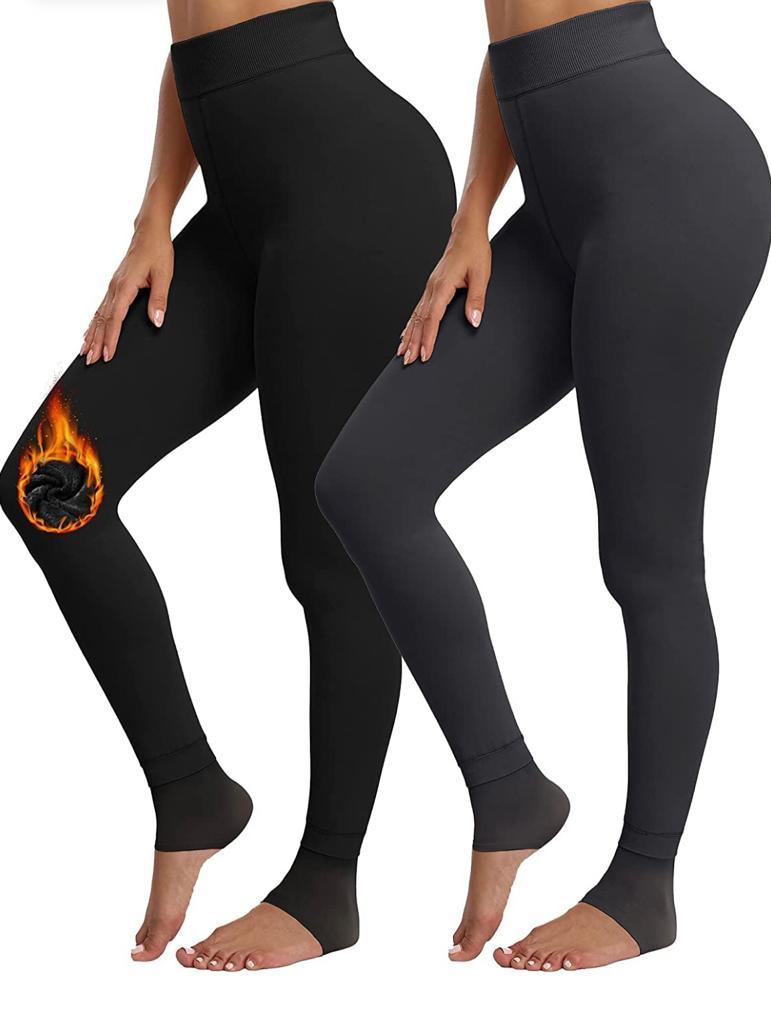 Two women wearing the 2 Pack Women’s Fleece Lined Leggings High Waist Stretchy Warm, one in black featuring a flaming design on the knee and the other in maroon. Both are shown from mid-thigh to feet, highlighting their stylish winter leggings that are perfect for cold days.