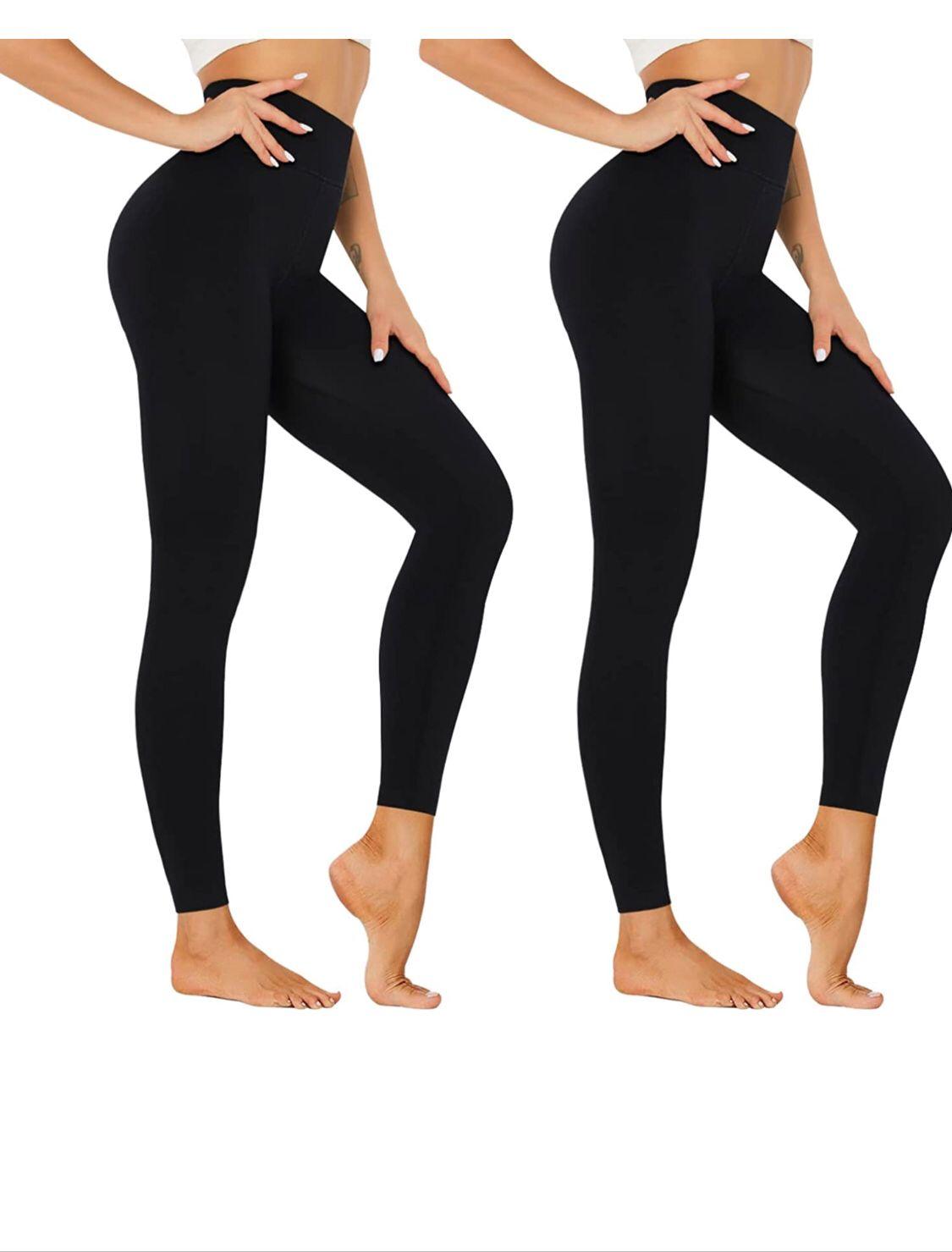 Two women wearing the 2 Pack Women’s Fleece Lined Leggings High Waist Stretchy Warm, one in black featuring a flaming design on the knee and the other in maroon. Both are shown from mid-thigh to feet, highlighting their stylish winter leggings that are perfect for cold days.