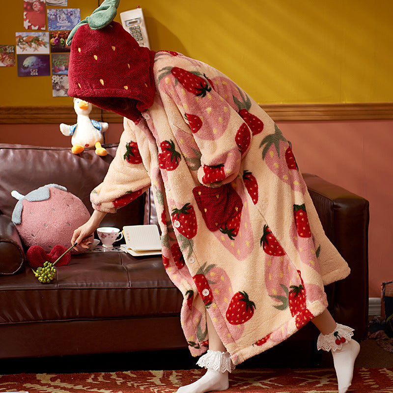 Strawberry Hoodie Fleece Blanket Robe With Sleeves, Oversized Blankets, Winter Blanket For Women, Plush Coat, Women's Hooded Coat Sweatshirt