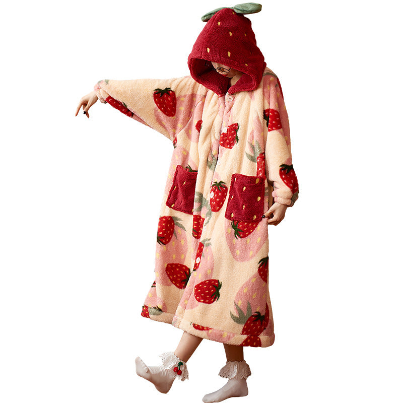 Strawberry Hoodie Fleece Blanket Robe With Sleeves, Oversized Blankets, Winter Blanket For Women, Plush Coat, Women's Hooded Coat Sweatshirt