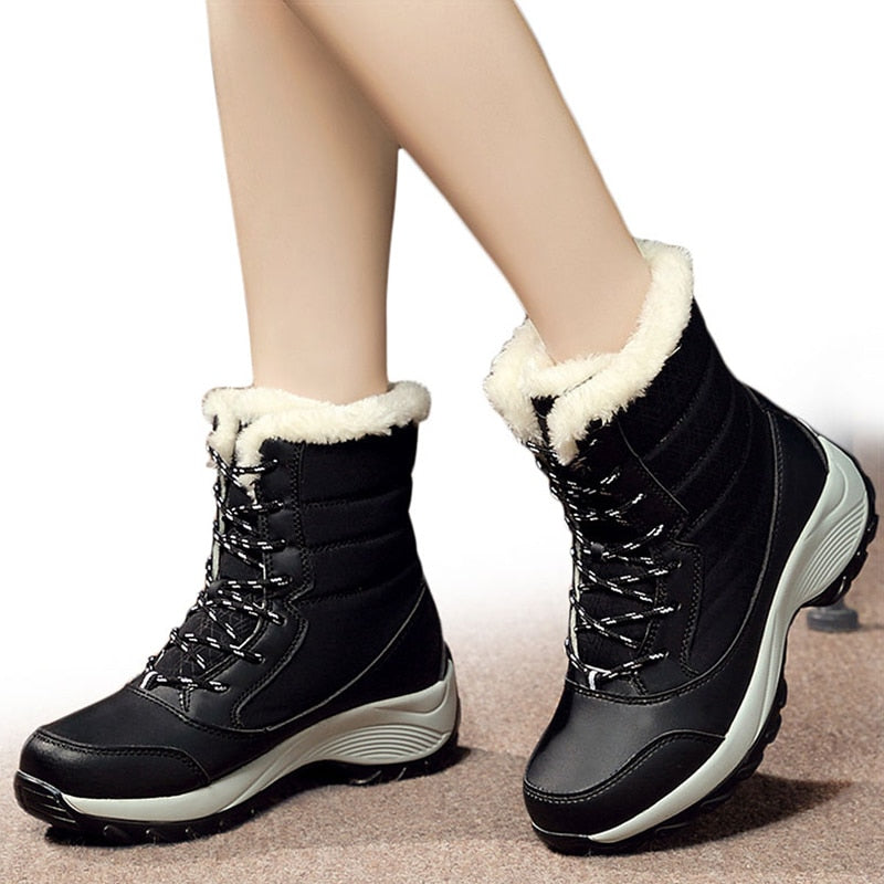 These Women Boots Lightweight Ankle Boots feature red-striped laces, a cozy fur lining, a thick sole, and come in beige and white. They're perfect for snowy days.