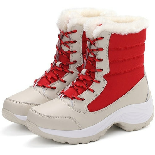 These Women Boots Lightweight Ankle Boots feature red-striped laces, a cozy fur lining, a thick sole, and come in beige and white. They're perfect for snowy days.