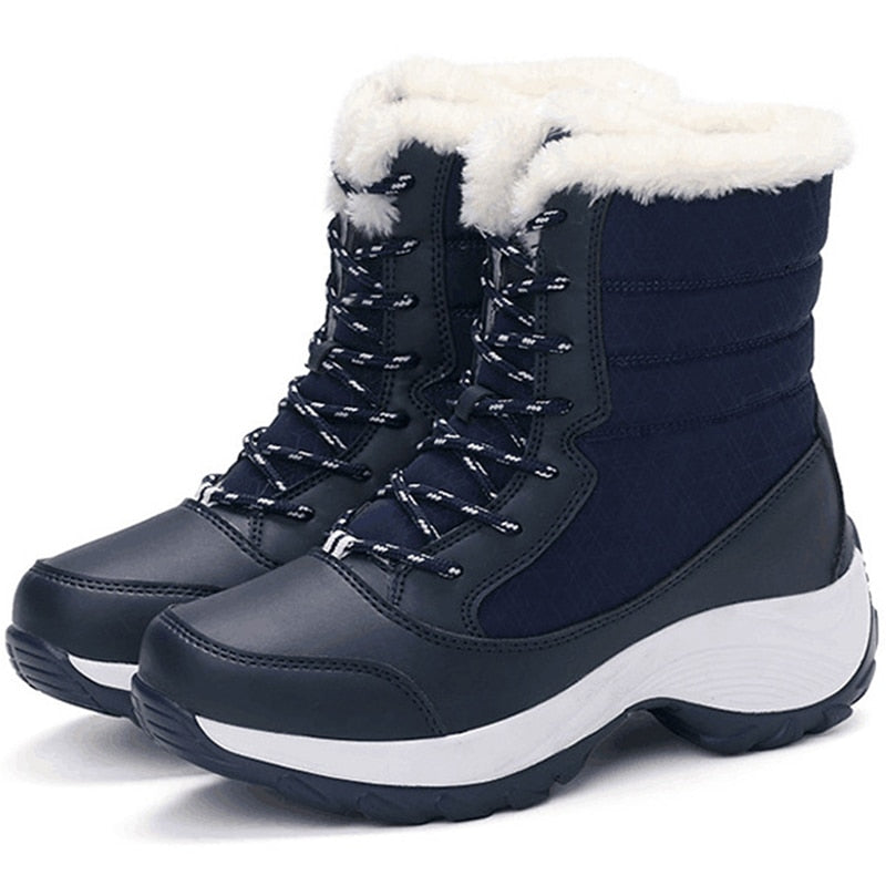 These Women Boots Lightweight Ankle Boots feature red-striped laces, a cozy fur lining, a thick sole, and come in beige and white. They're perfect for snowy days.