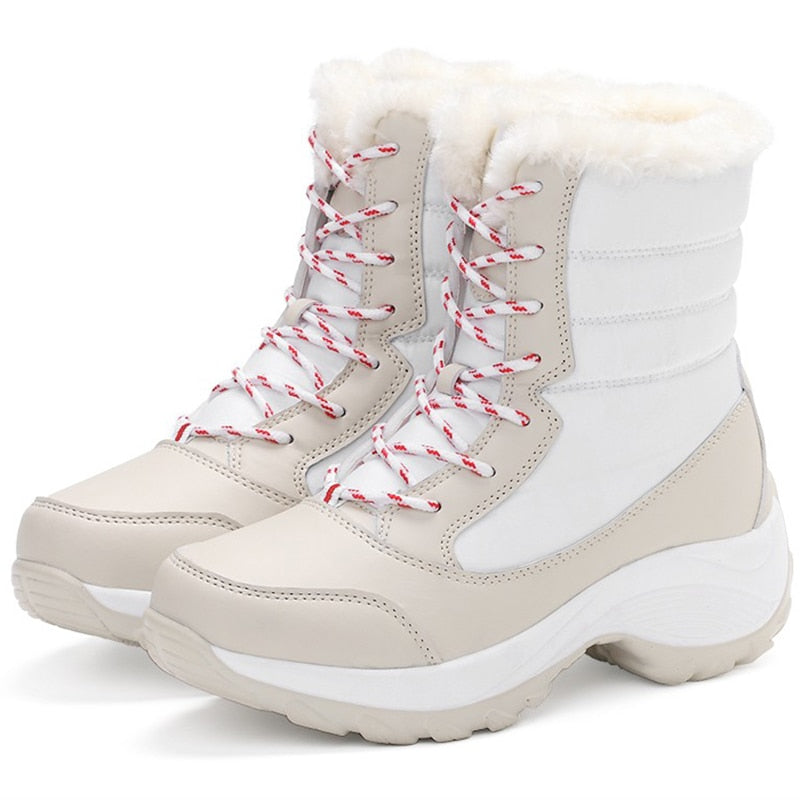 These Women Boots Lightweight Ankle Boots feature red-striped laces, a cozy fur lining, a thick sole, and come in beige and white. They're perfect for snowy days.